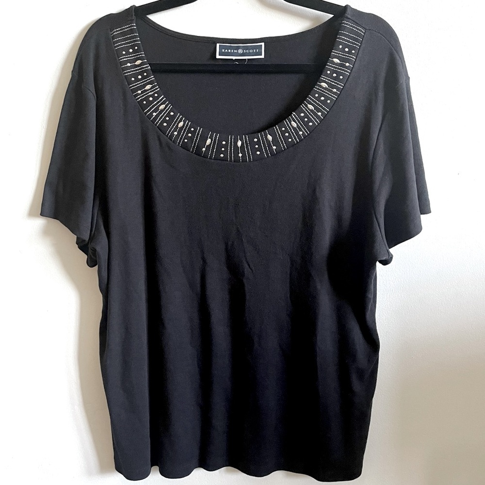 Karen Scott Black Embellished Neck Tee